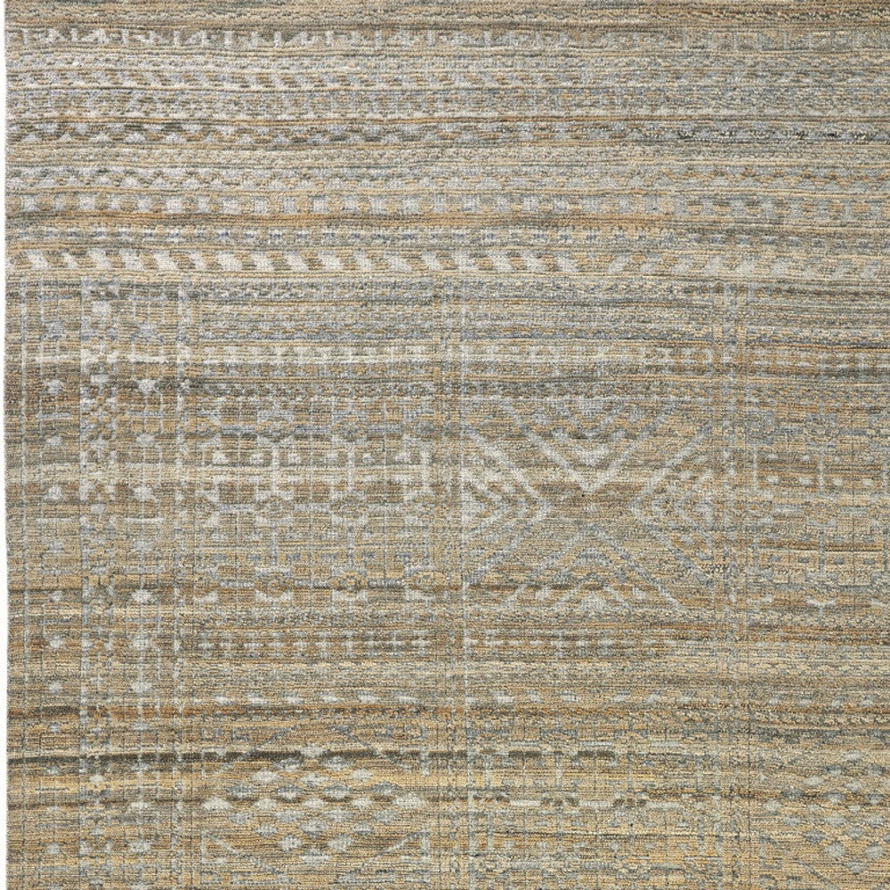 4' X 6' Gold and Tan Geometric Hand Knotted Worn Faded Area Rug