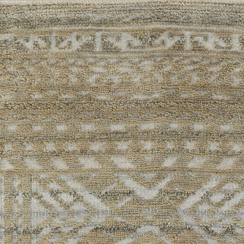 4' X 6' Gold and Tan Geometric Hand Knotted Worn Faded Area Rug