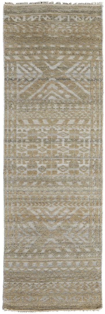 4' X 6' Gold and Tan Geometric Hand Knotted Worn Faded Area Rug