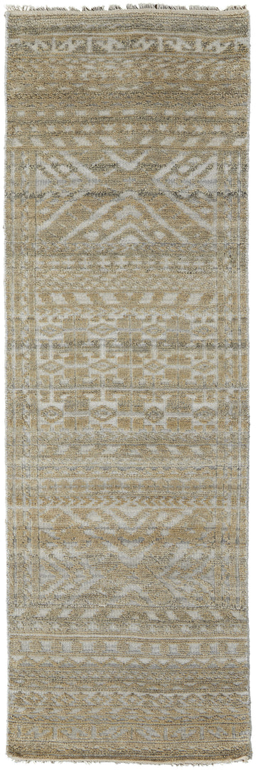 4' X 6' Gold and Tan Geometric Hand Knotted Worn Faded Area Rug