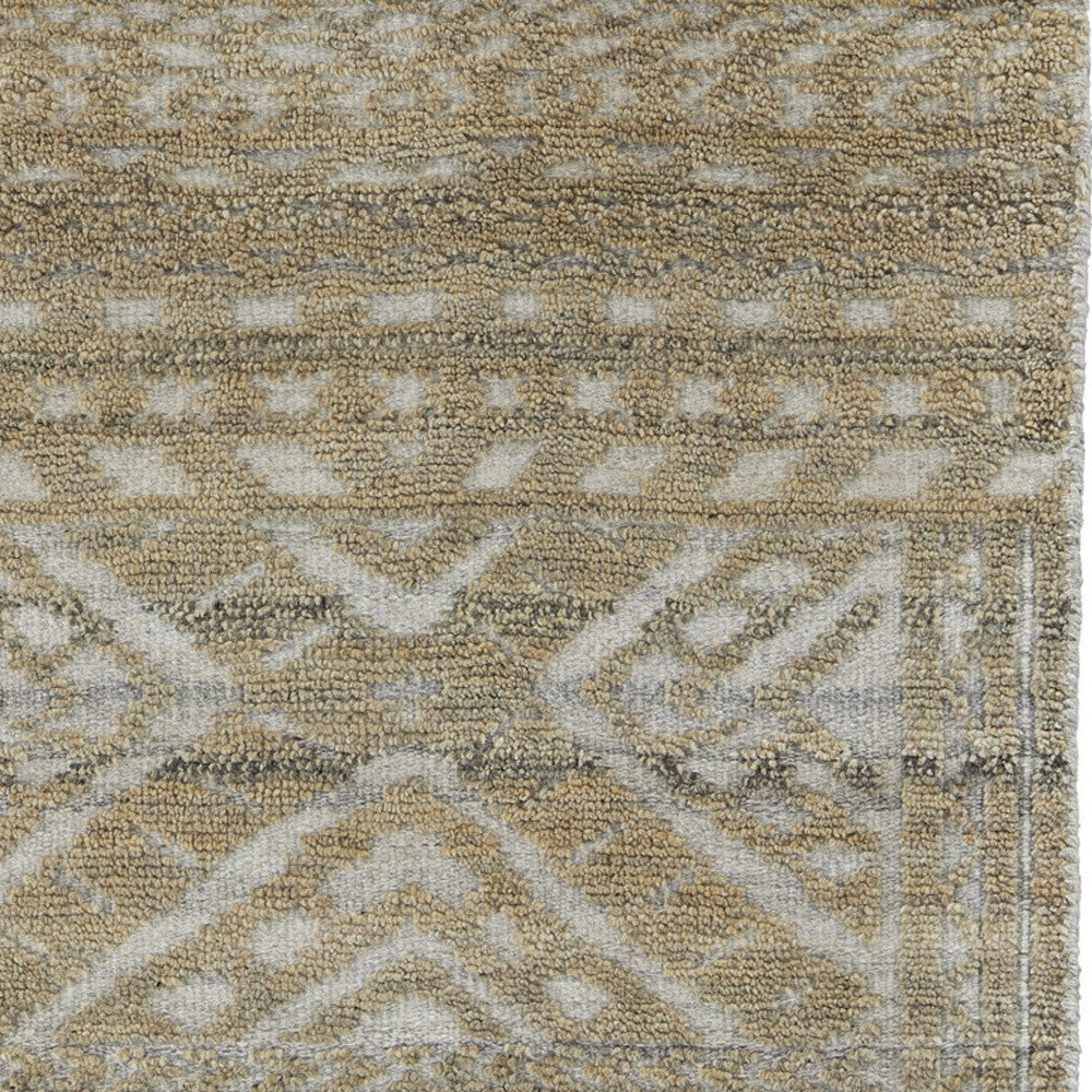 4' X 6' Gold and Tan Geometric Hand Knotted Worn Faded Area Rug