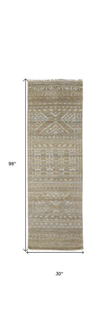 4' X 6' Gold and Tan Geometric Hand Knotted Worn Faded Area Rug