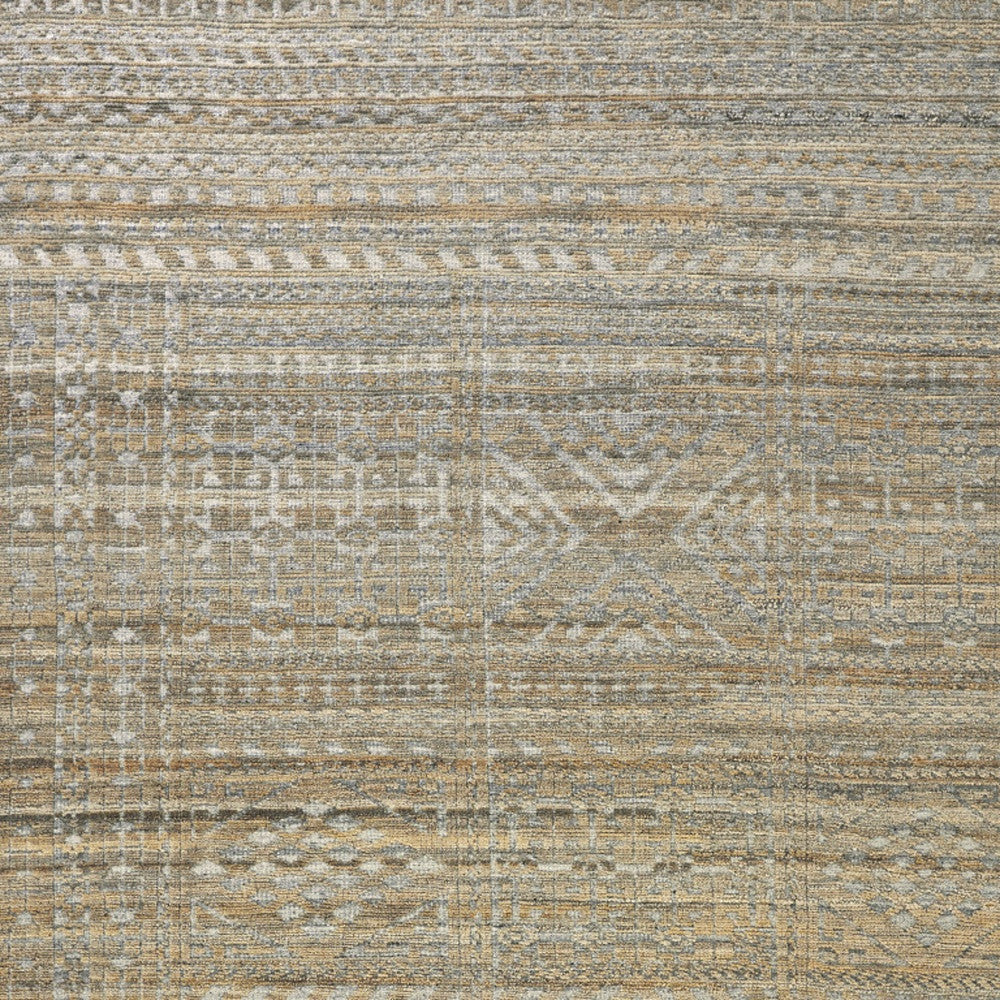 4' X 6' Gold and Tan Geometric Hand Knotted Worn Faded Area Rug