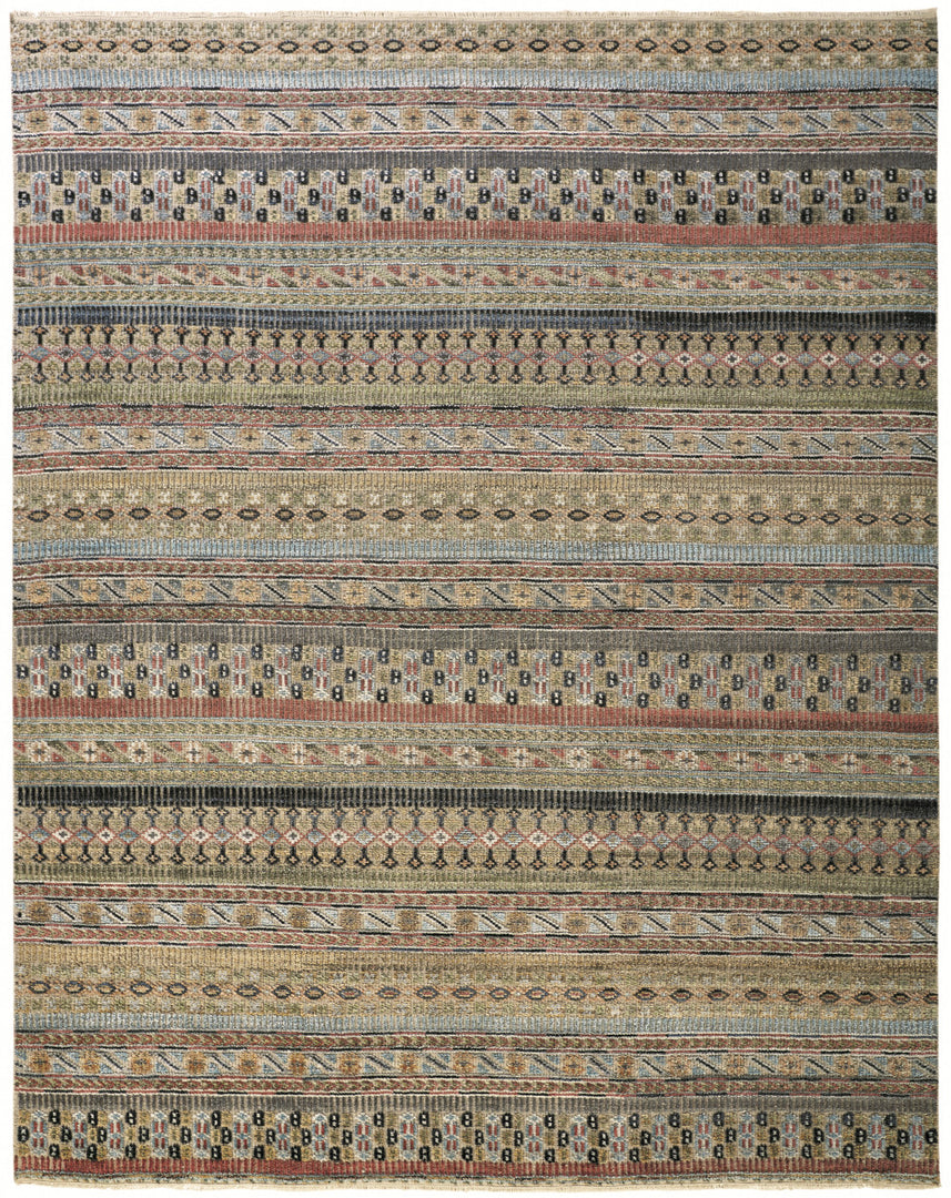 4' X 6' Tan Blue and Orange Striped Hand Knotted Area Rug