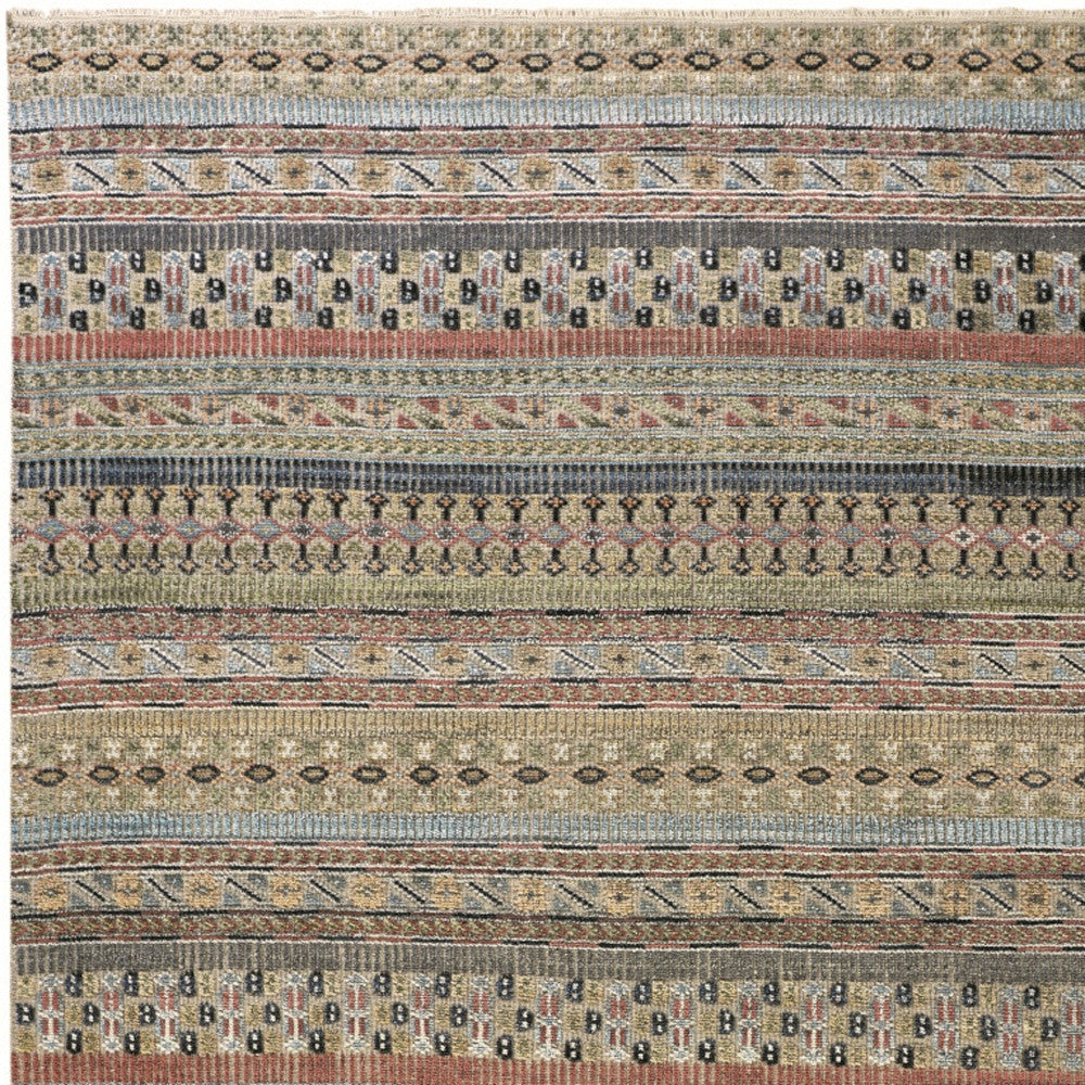 4' X 6' Tan Blue and Orange Striped Hand Knotted Area Rug