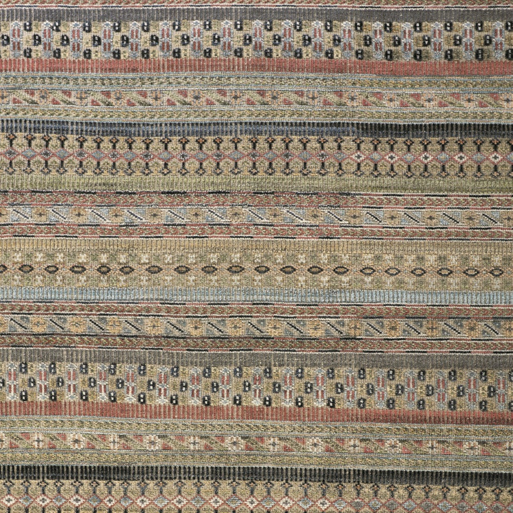 4' X 6' Tan Blue and Orange Striped Hand Knotted Area Rug