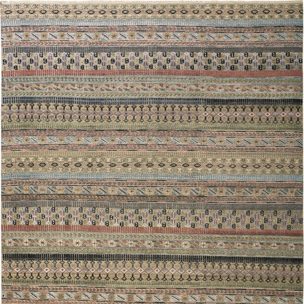 4' X 6' Tan Blue and Orange Striped Hand Knotted Area Rug