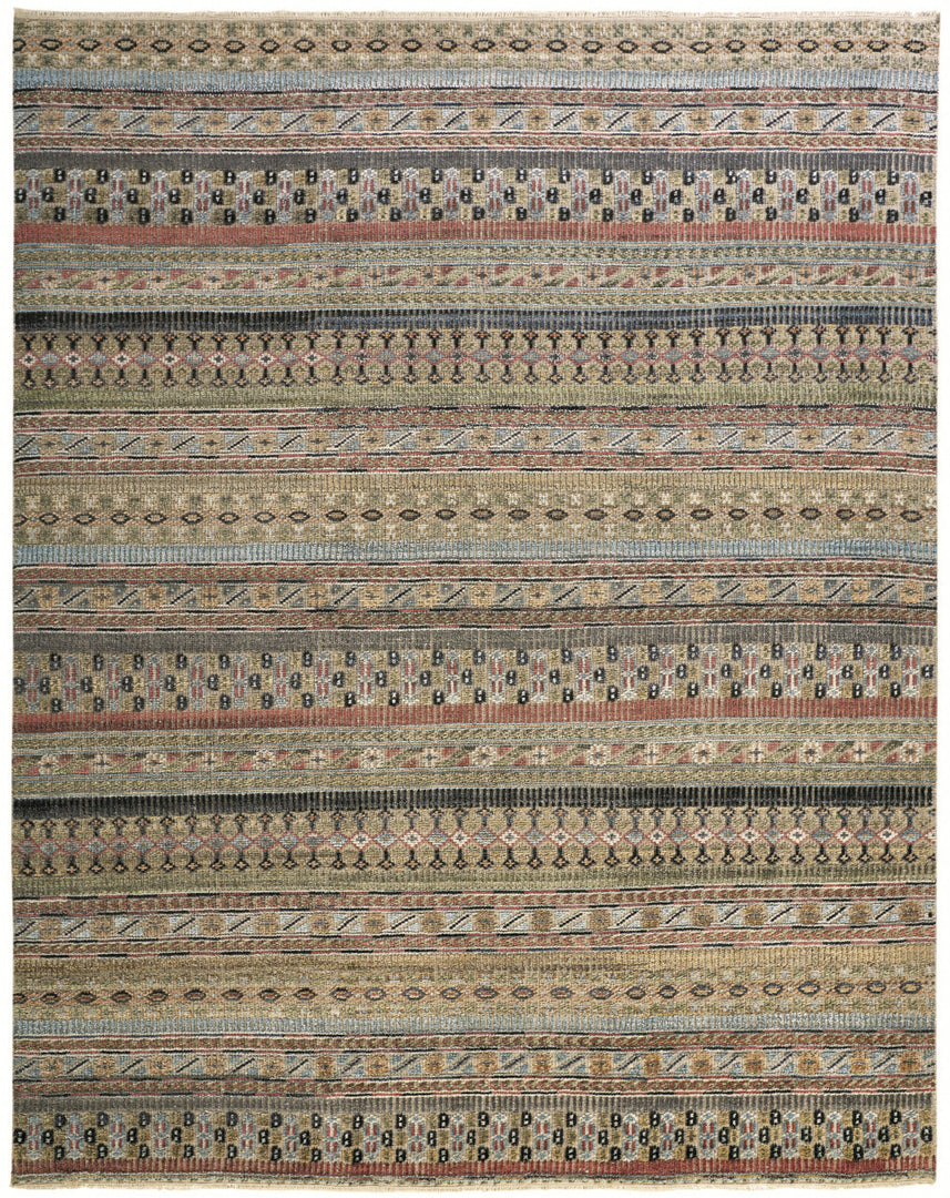 4' X 6' Tan Blue and Orange Striped Hand Knotted Area Rug