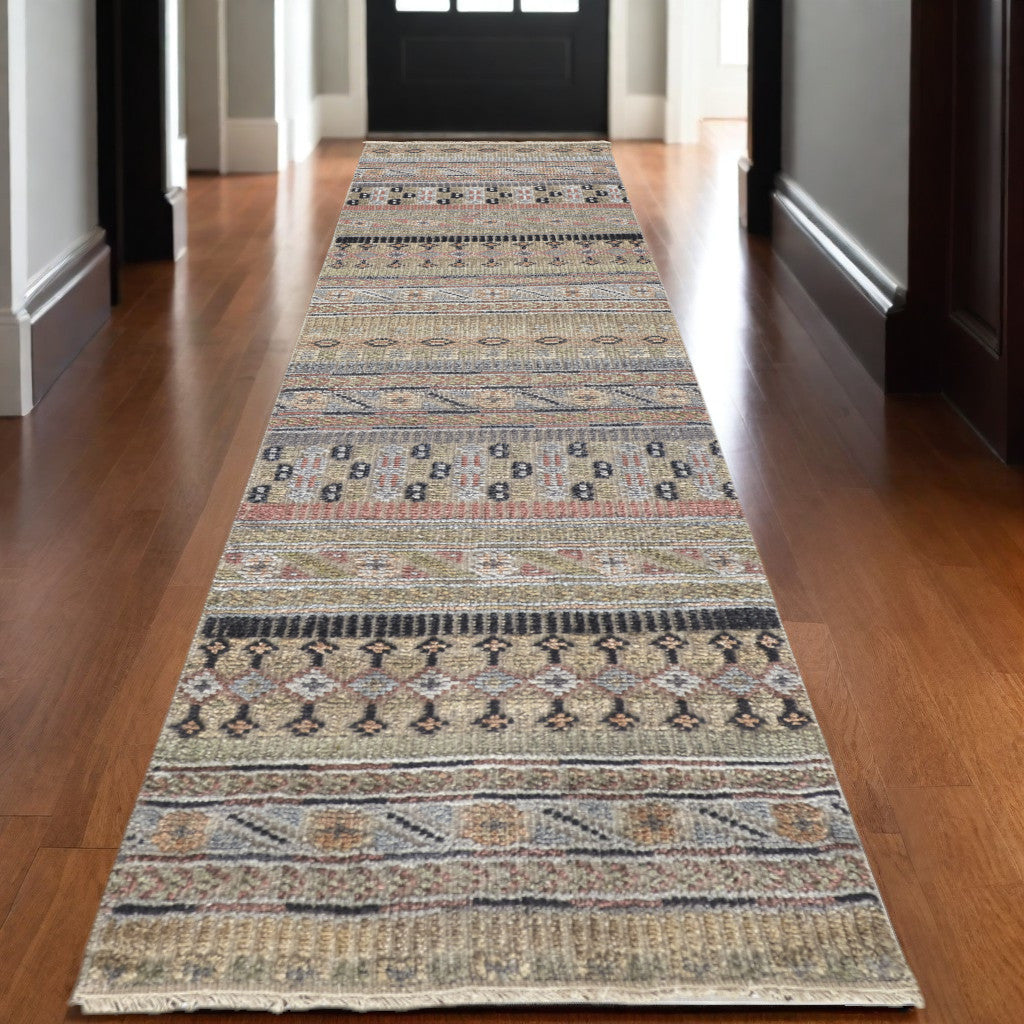 4' X 6' Tan Blue and Orange Striped Hand Knotted Area Rug