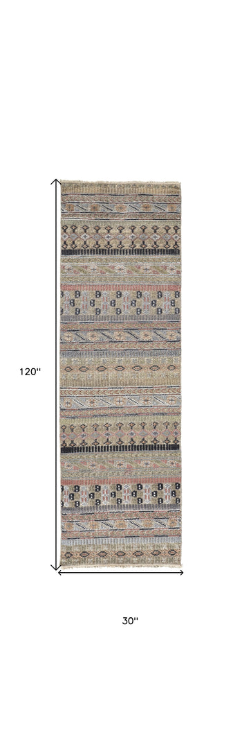 4' X 6' Tan Blue and Orange Striped Hand Knotted Area Rug