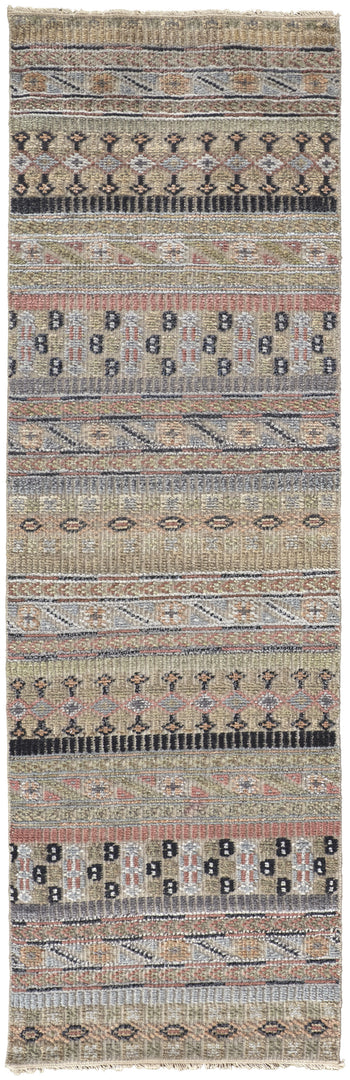 4' X 6' Tan Blue and Orange Striped Hand Knotted Area Rug