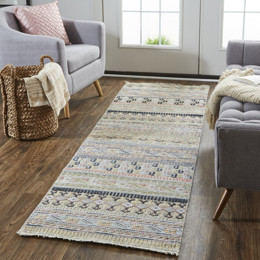 4' X 6' Tan Blue and Orange Striped Hand Knotted Area Rug