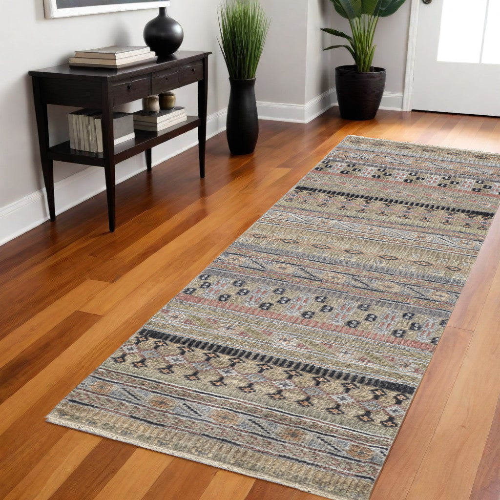 4' X 6' Tan Blue and Orange Striped Hand Knotted Area Rug