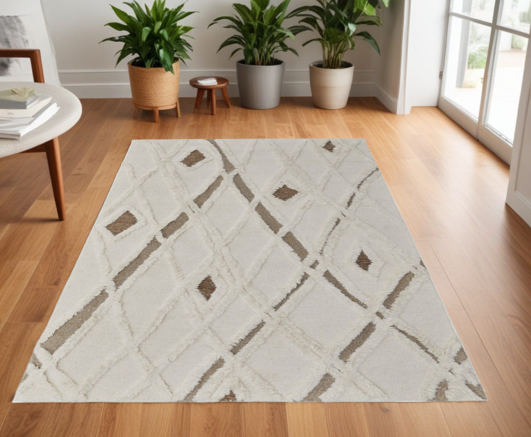 4' X 6' Ivory Taupe and Brown Wool Geometric Hand Tufted Area Rug