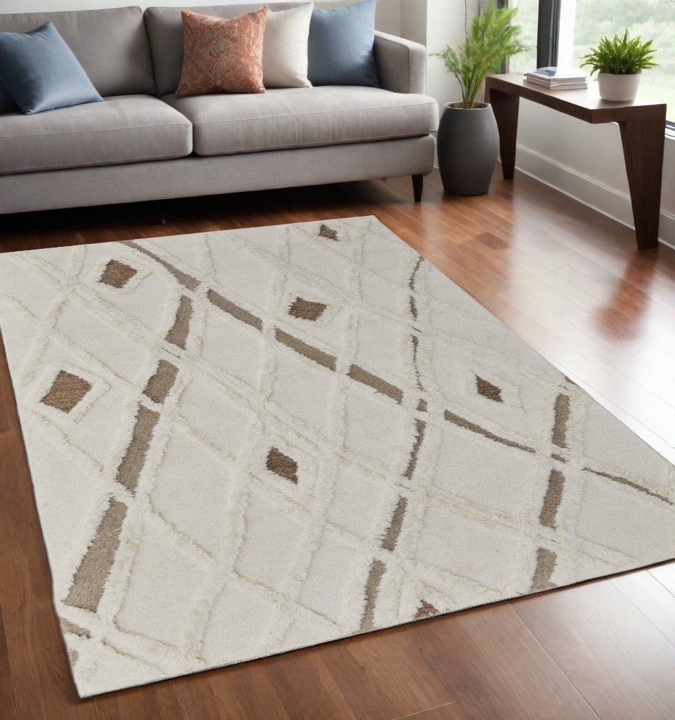 4' X 6' Ivory Taupe and Brown Wool Geometric Hand Tufted Area Rug