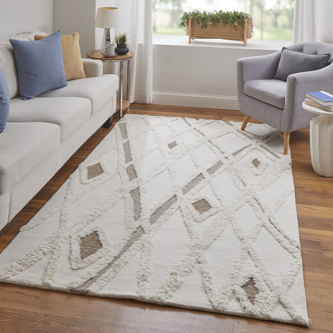 4' X 6' Ivory Taupe and Brown Wool Geometric Hand Tufted Area Rug