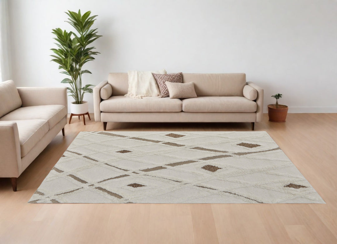 4' X 6' Ivory Taupe and Brown Wool Geometric Hand Tufted Area Rug