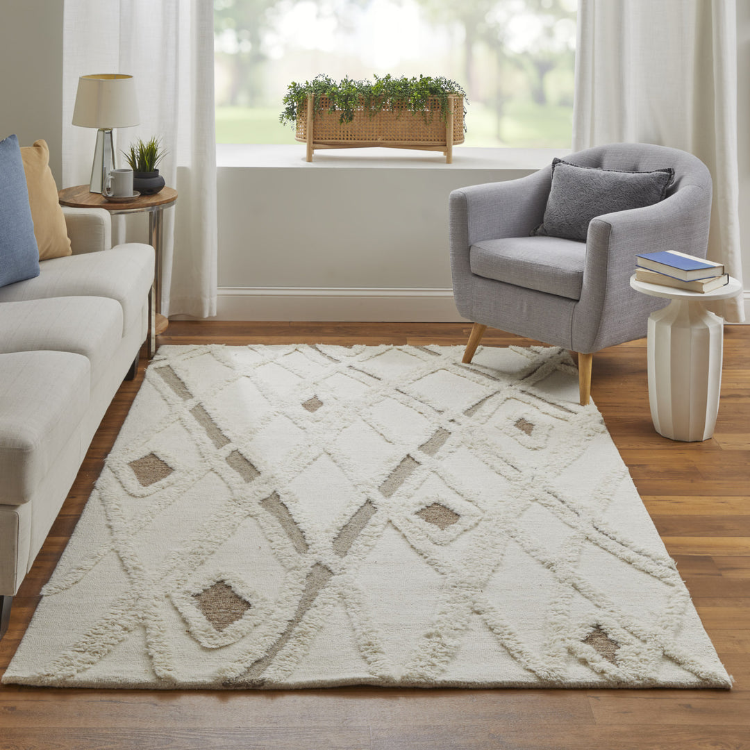 4' X 6' Ivory Taupe and Brown Wool Geometric Hand Tufted Area Rug