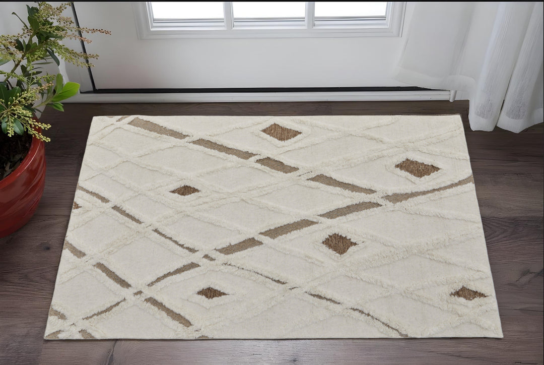 4' X 6' Ivory Taupe and Brown Wool Geometric Hand Tufted Area Rug