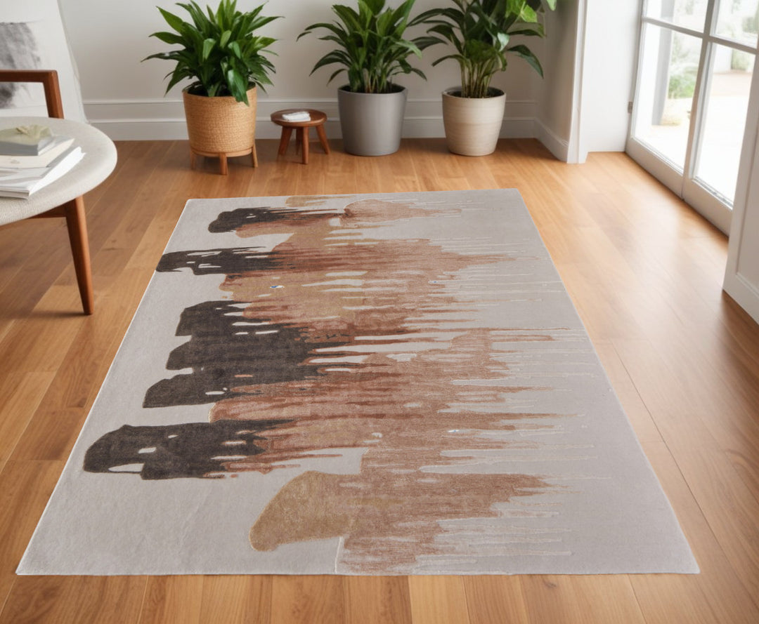 4' X 6' Tan Brown and Orange Abstract Hand Tufted Area Rug