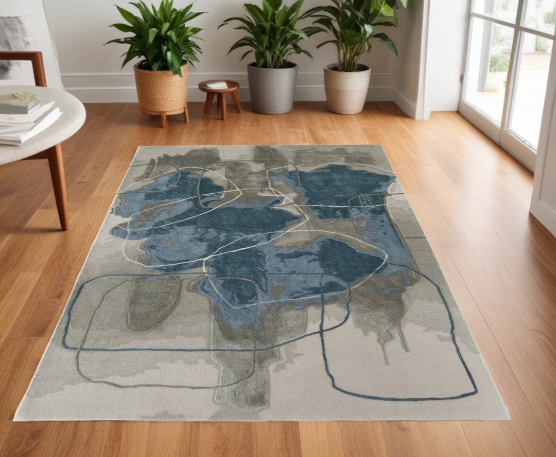 4' X 6' Blue and Gray Abstract Hand Tufted Area Rug