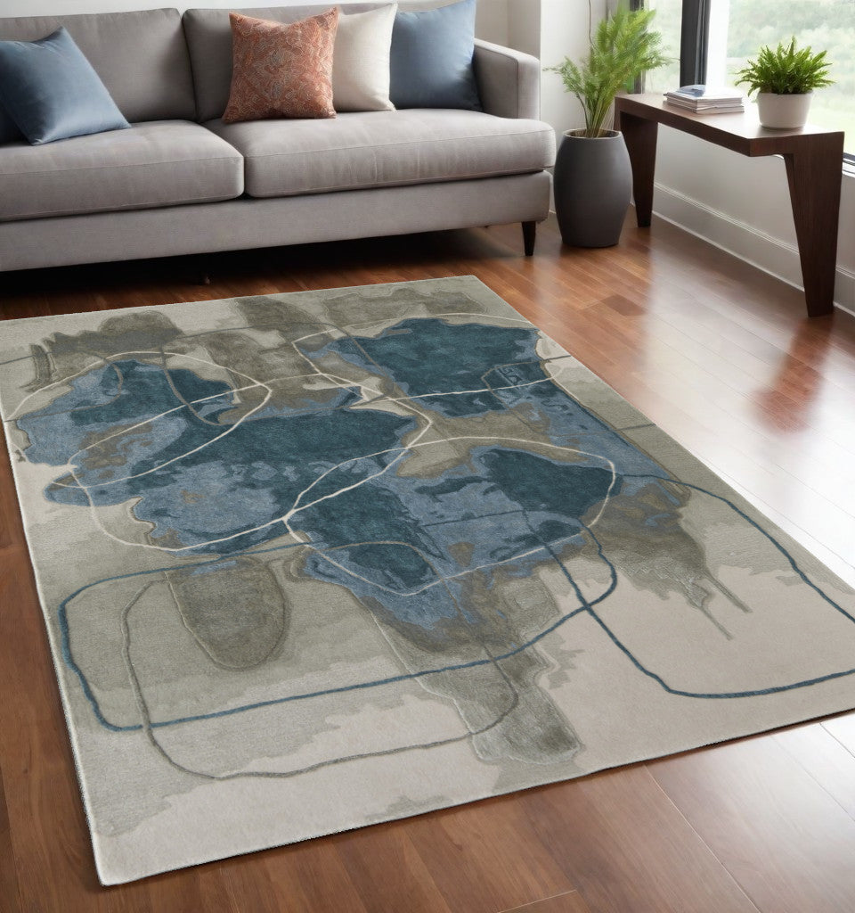 4' X 6' Blue and Gray Abstract Hand Tufted Area Rug