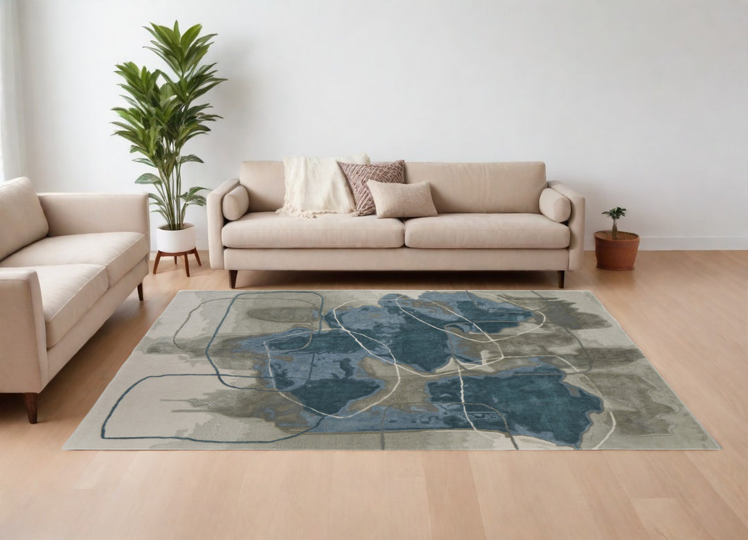 4' X 6' Blue and Gray Abstract Hand Tufted Area Rug