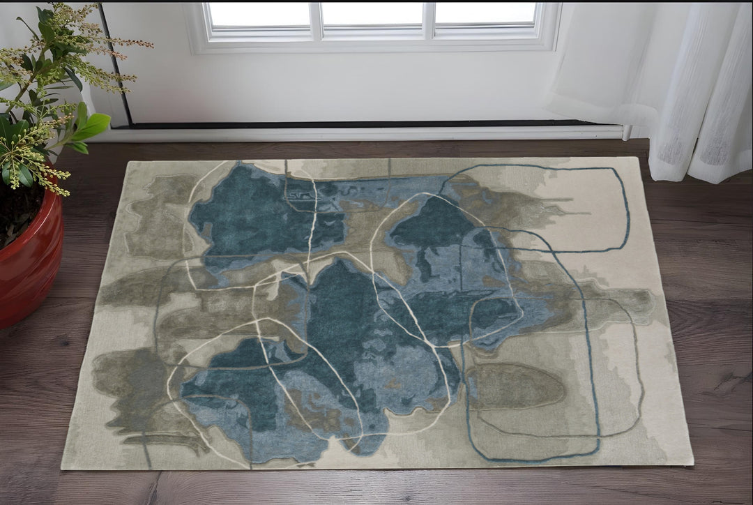 4' X 6' Blue and Gray Abstract Hand Tufted Area Rug