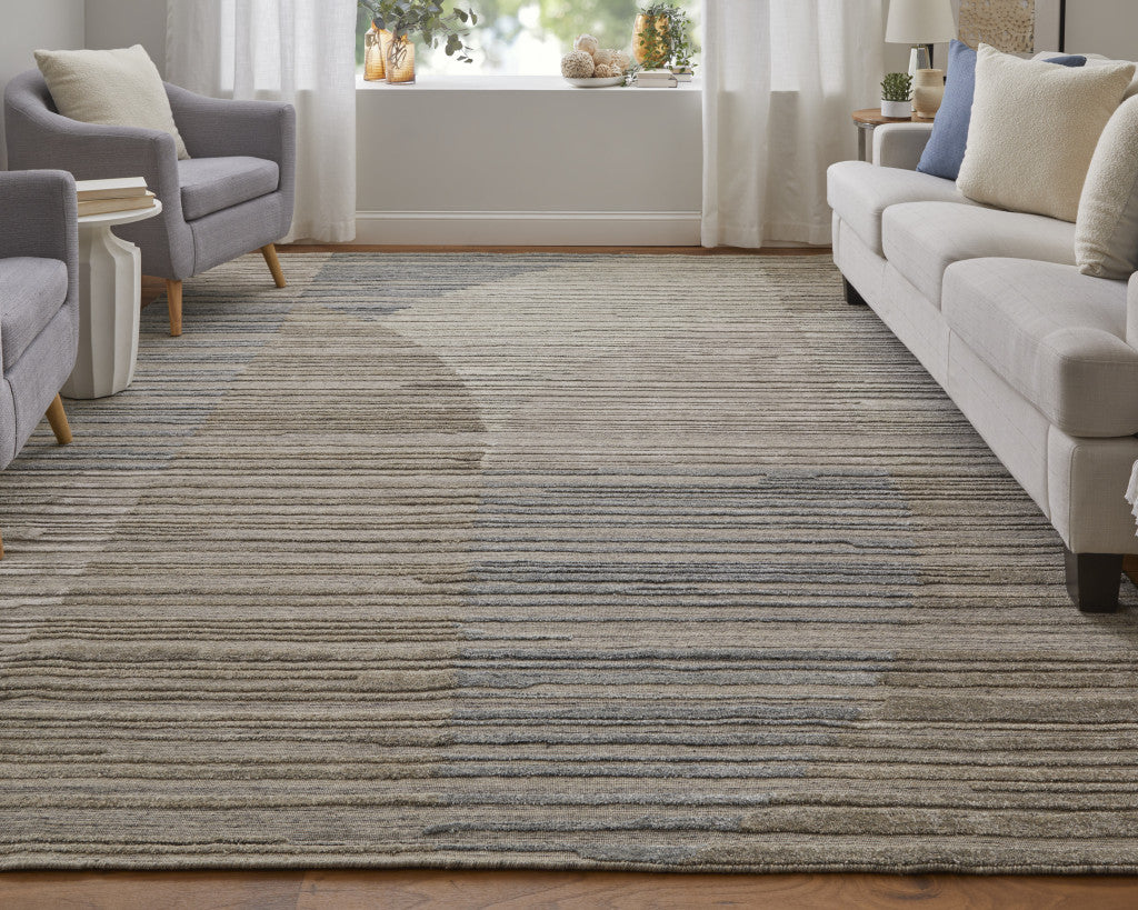 9' X 12' Tan and Blue Abstract Hand Woven Worn Faded Area Rug