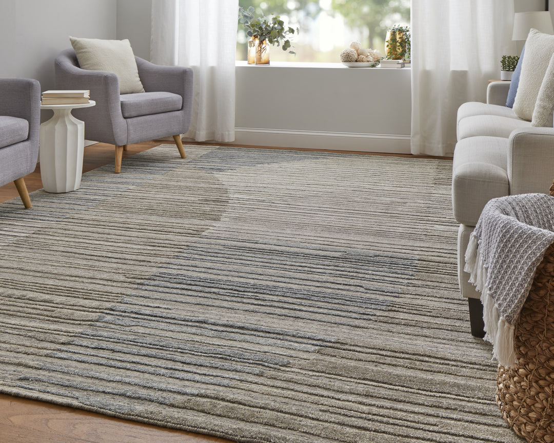 9' X 12' Tan and Blue Abstract Hand Woven Worn Faded Area Rug