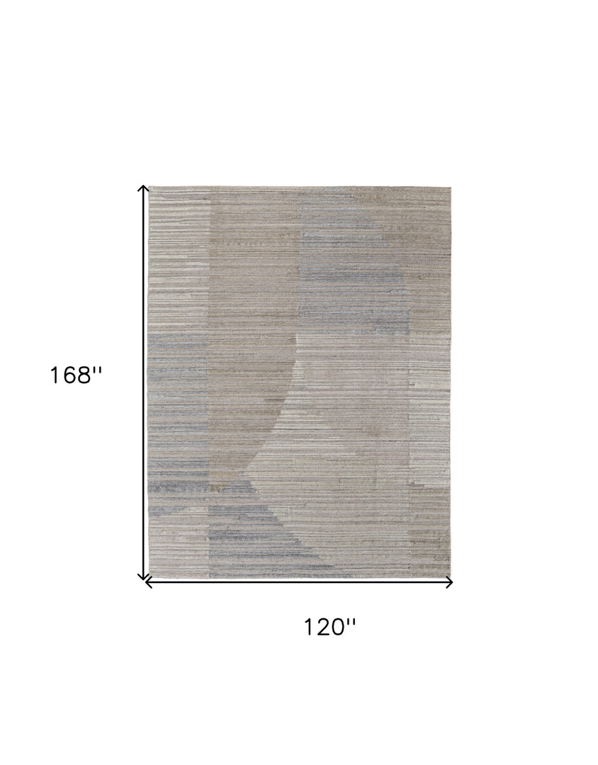 9' X 12' Tan and Blue Abstract Hand Woven Worn Faded Area Rug