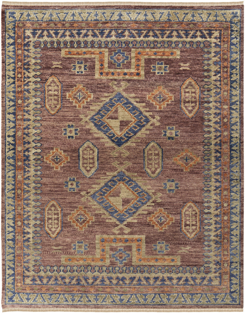 4' X 6' Blue Red and Tan Wool Geometric Hand Knotted Area Rug With Fringe