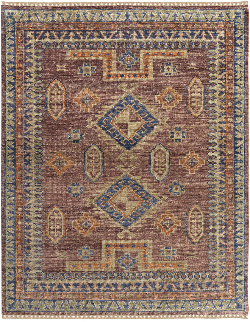 4' X 6' Blue Red and Tan Wool Geometric Hand Knotted Area Rug With Fringe