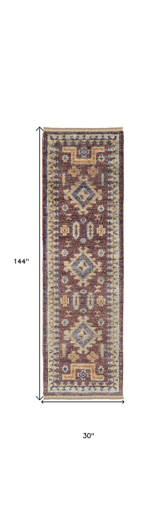 4' X 6' Blue Red and Tan Wool Geometric Hand Knotted Area Rug With Fringe