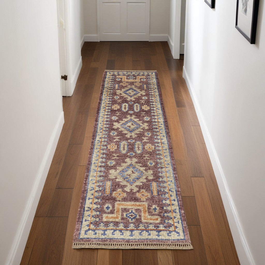 4' X 6' Blue Red and Tan Wool Geometric Hand Knotted Area Rug With Fringe