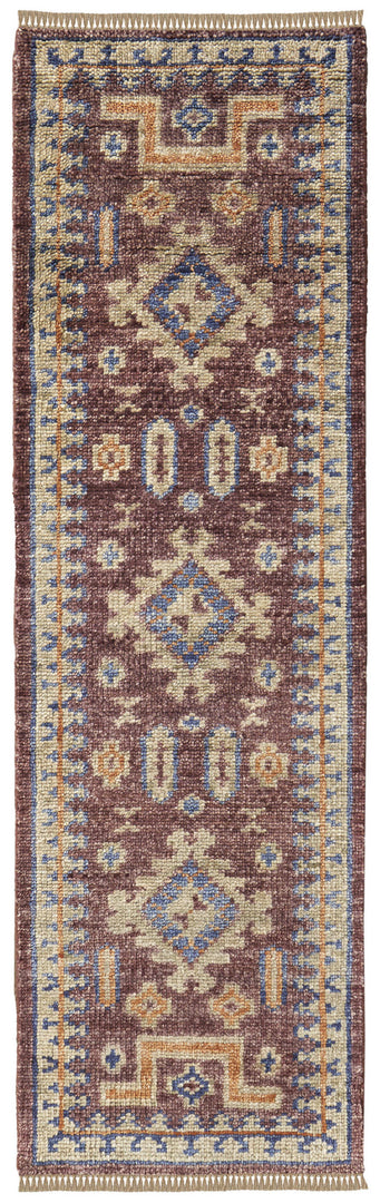 4' X 6' Blue Red and Tan Wool Geometric Hand Knotted Area Rug With Fringe