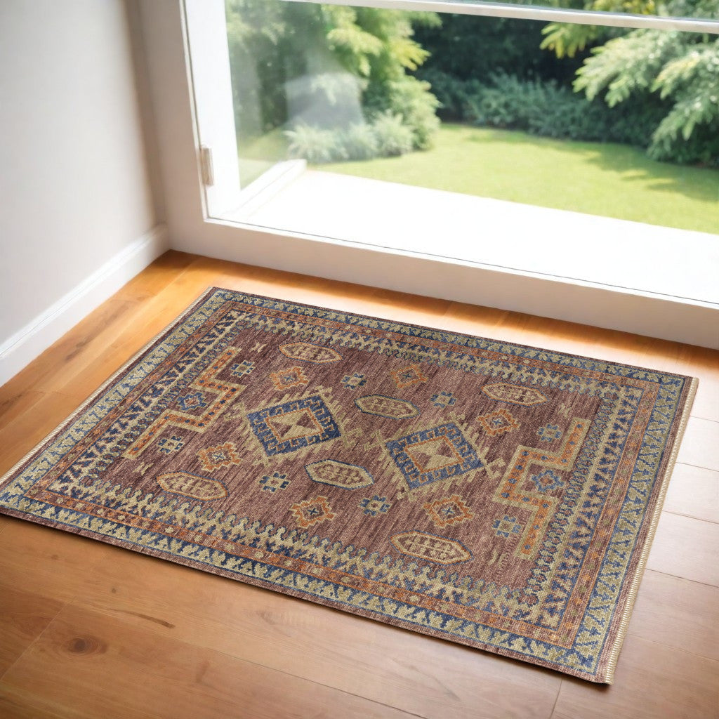 4' X 6' Blue Red and Tan Wool Geometric Hand Knotted Area Rug With Fringe