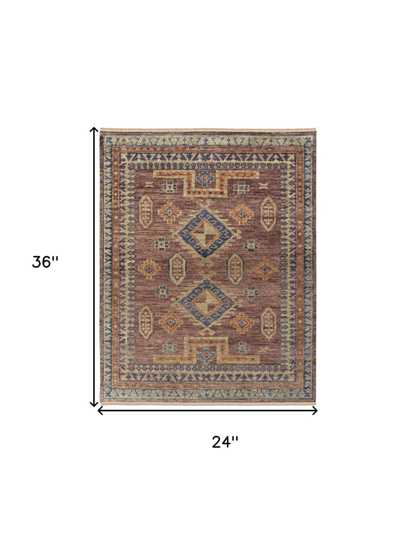 4' X 6' Blue Red and Tan Wool Geometric Hand Knotted Area Rug With Fringe