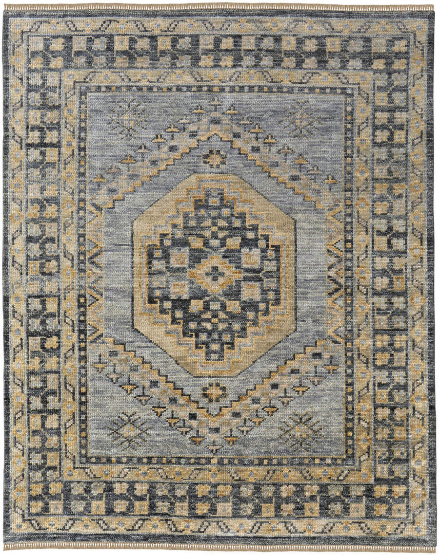 3' X 5' Blue Gray and Tan Wool Oriental Hand Knotted Area Rug With Fringe