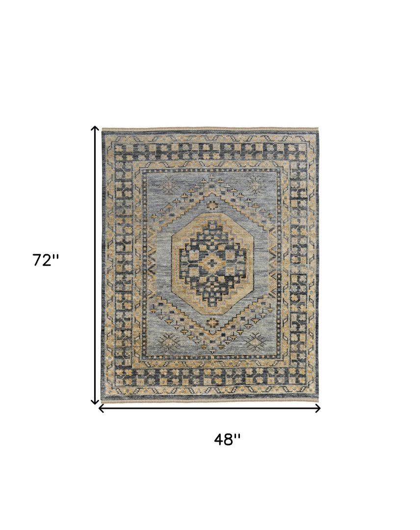 3' X 5' Blue Gray and Tan Wool Oriental Hand Knotted Area Rug With Fringe