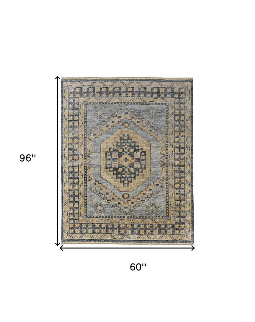 3' X 5' Blue Gray and Tan Wool Oriental Hand Knotted Area Rug With Fringe