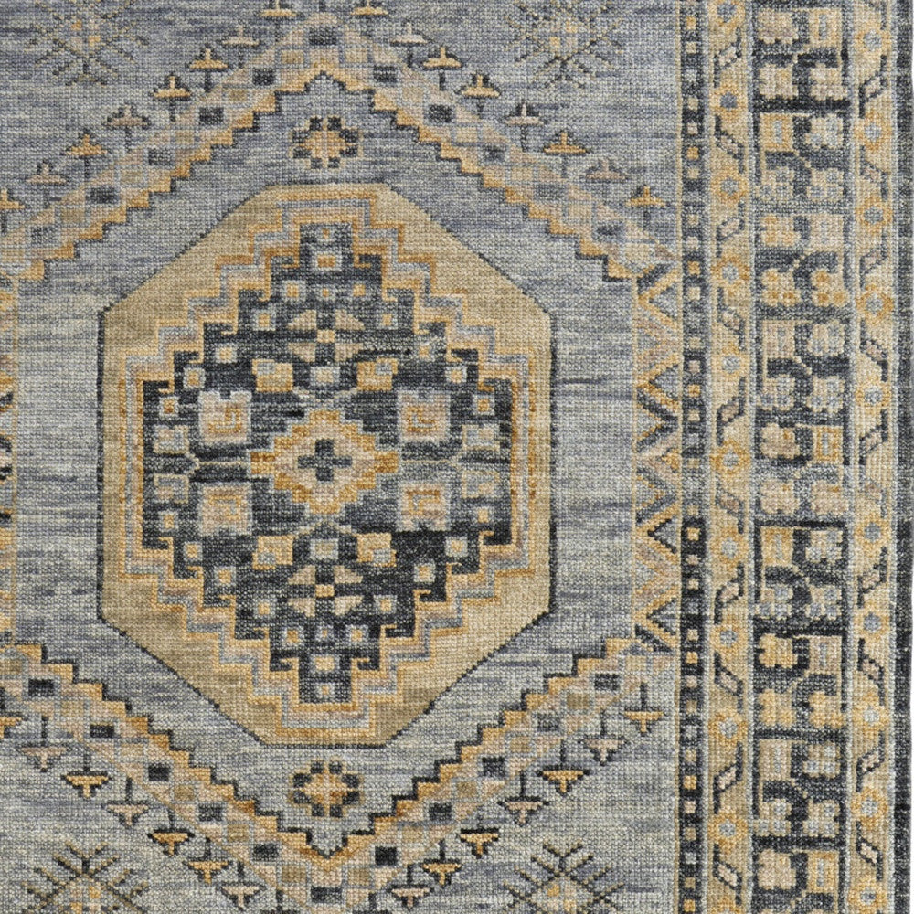 3' X 5' Blue Gray and Tan Wool Oriental Hand Knotted Area Rug With Fringe