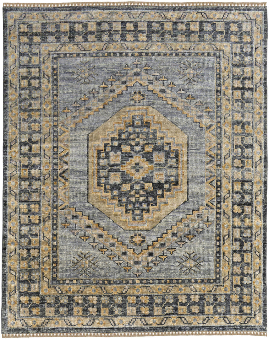 3' X 5' Blue Gray and Tan Wool Oriental Hand Knotted Area Rug With Fringe