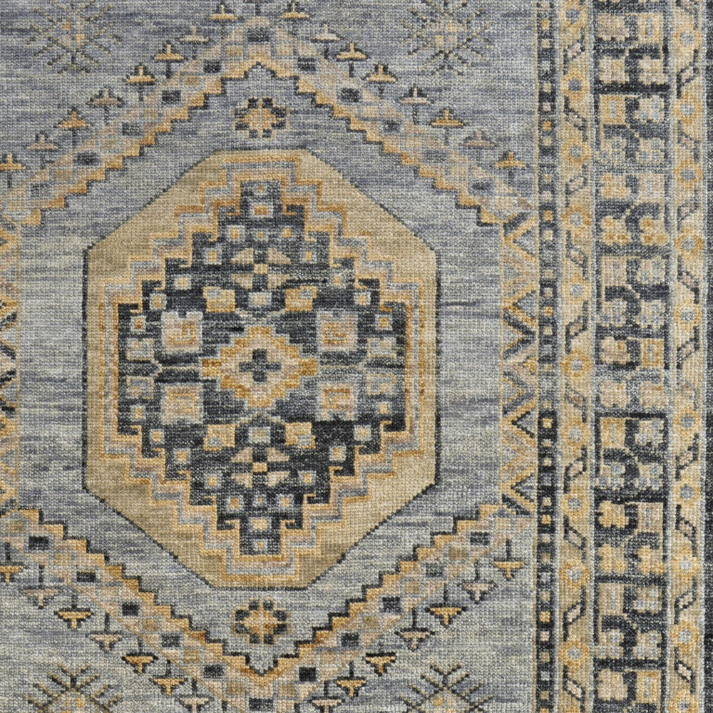 3' X 5' Blue Gray and Tan Wool Oriental Hand Knotted Area Rug With Fringe