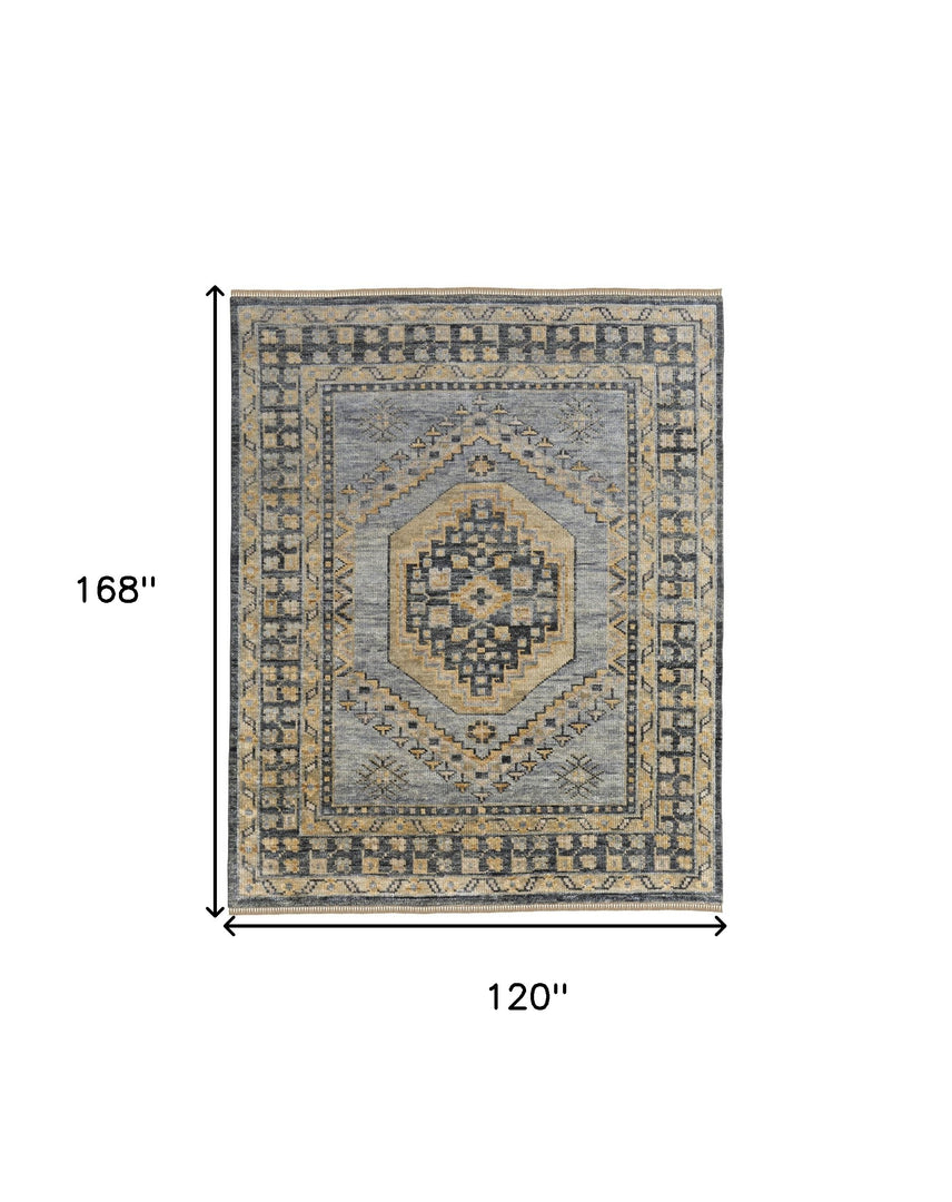 3' X 5' Blue Gray and Tan Wool Oriental Hand Knotted Area Rug With Fringe