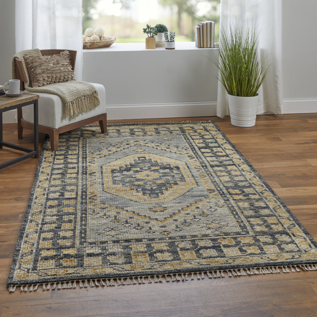 3' X 5' Blue Gray and Tan Wool Oriental Hand Knotted Area Rug With Fringe