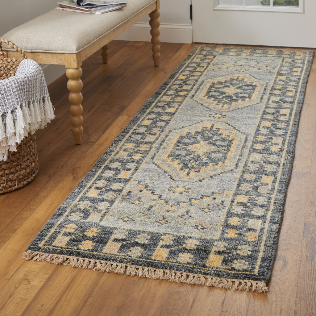 3' X 5' Blue Gray and Tan Wool Oriental Hand Knotted Area Rug With Fringe