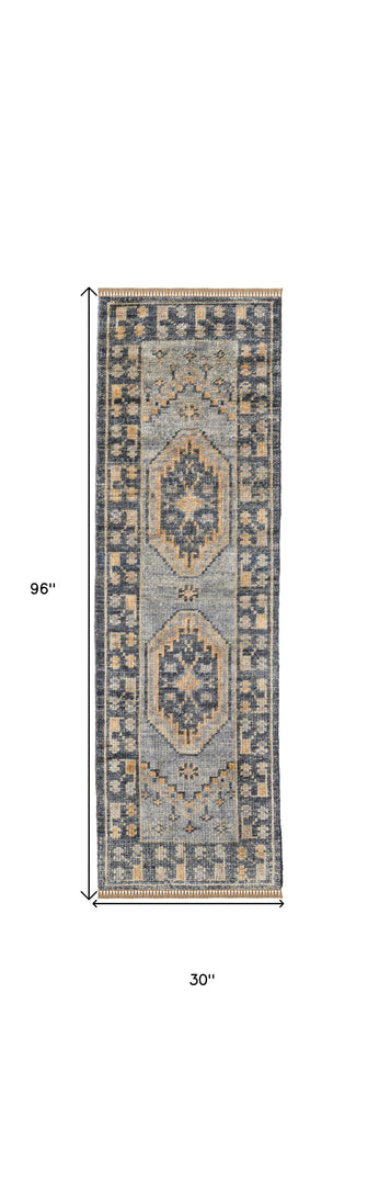 3' X 5' Blue Gray and Tan Wool Oriental Hand Knotted Area Rug With Fringe