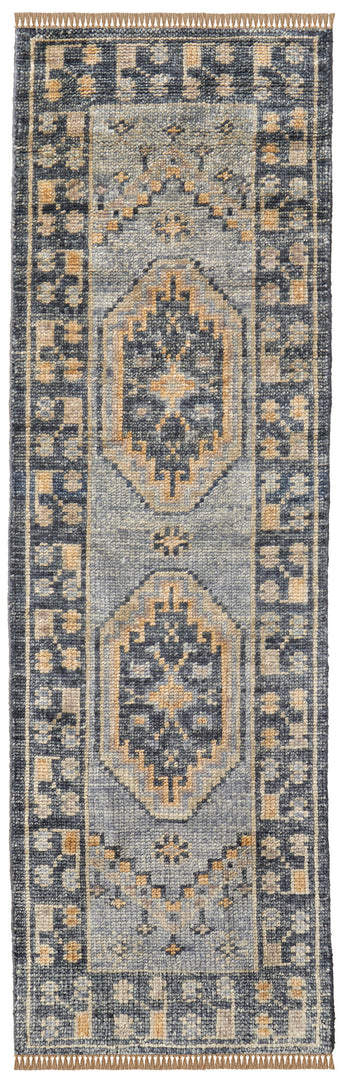 3' X 5' Blue Gray and Tan Wool Oriental Hand Knotted Area Rug With Fringe