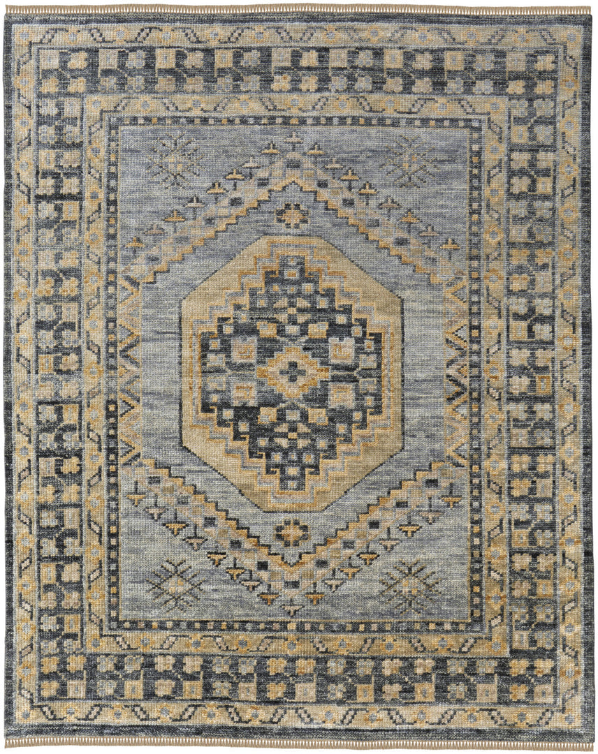 3' X 5' Blue Gray and Tan Wool Oriental Hand Knotted Area Rug With Fringe